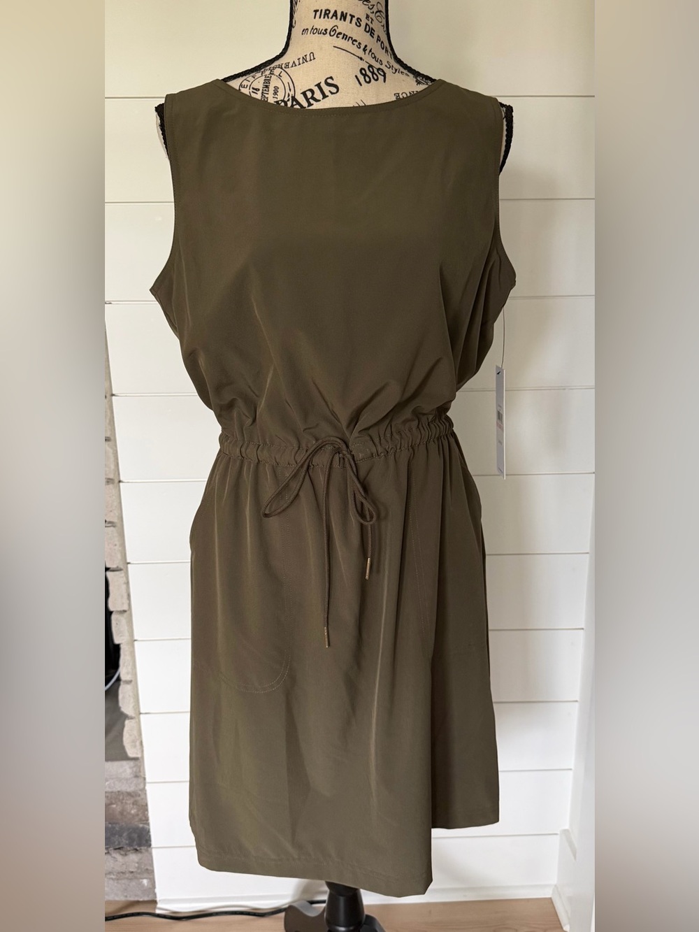 NWT Calvin Klein Sleeveless Olive Drawstring Waist Dress
